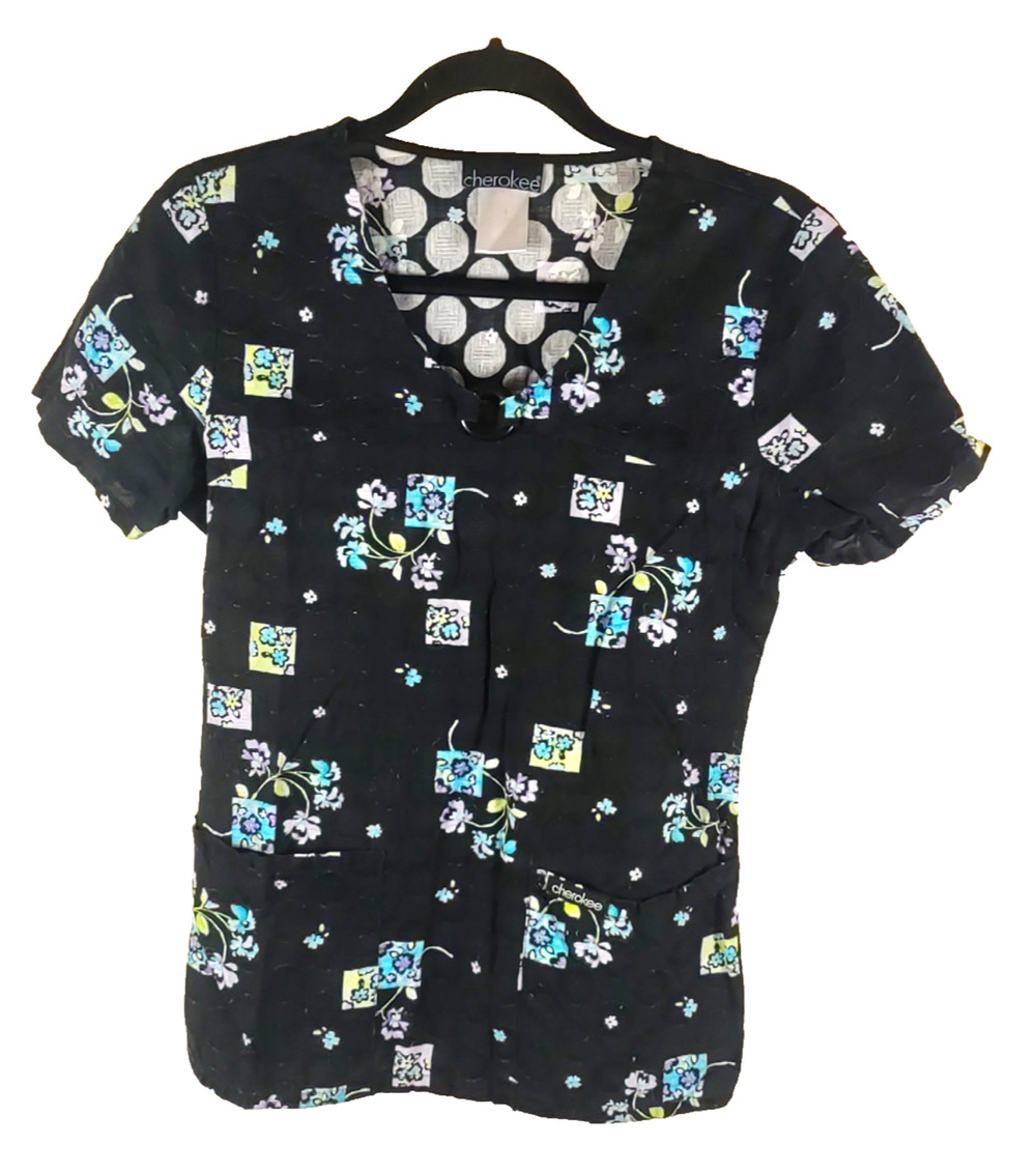 Vintage Cherokee Women's Scrub Top Size X Small Black Blue Purple Flowers...